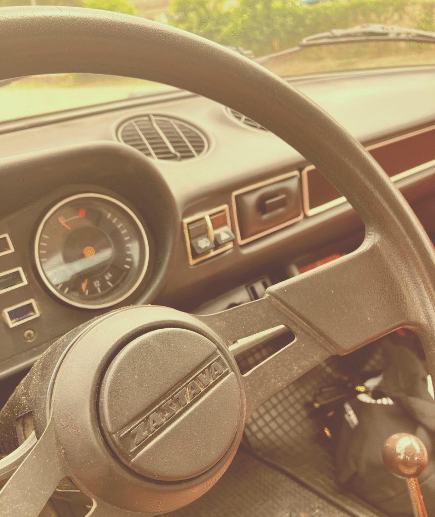 Classic Zastava 101 detail shot, retro car hire Pula Istria